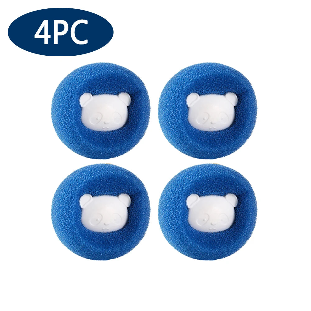 Four blue reusable laundry balls with white bear-shaped inserts for pet hair and lint removal