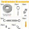 A kit of stainless steel accessories including wire rope, hooks, and buckles in various sizes like M3.