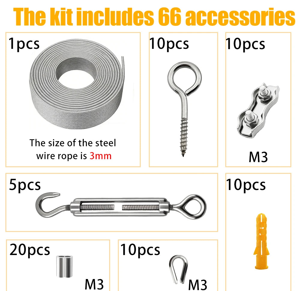 A kit of stainless steel accessories including wire rope, hooks, and buckles in various sizes like M3.