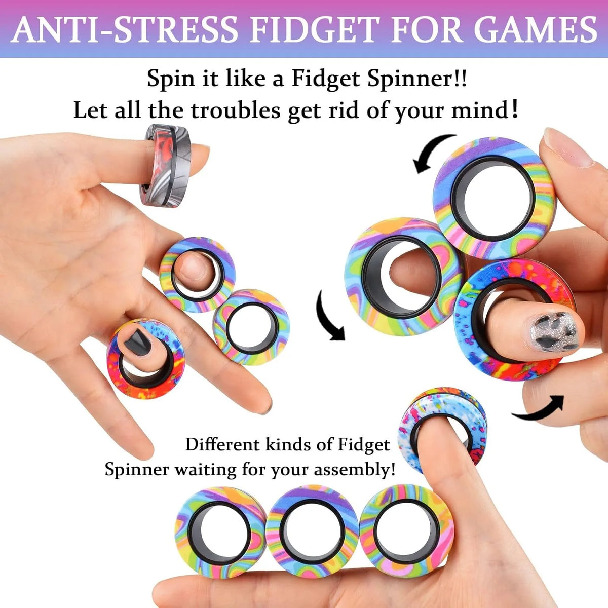 Hands show various magnetic fidget rings in colorful patterns and colors for stress relief games