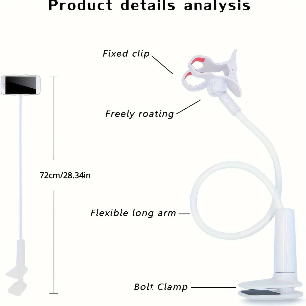 Diagram showing the components of a flexible gooseneck phone holder including a fixed clip, freely rotating joint, flexible l