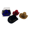 A velvet cowboy hat is displayed next to a red hat and a tan hat, with an open box for storage.