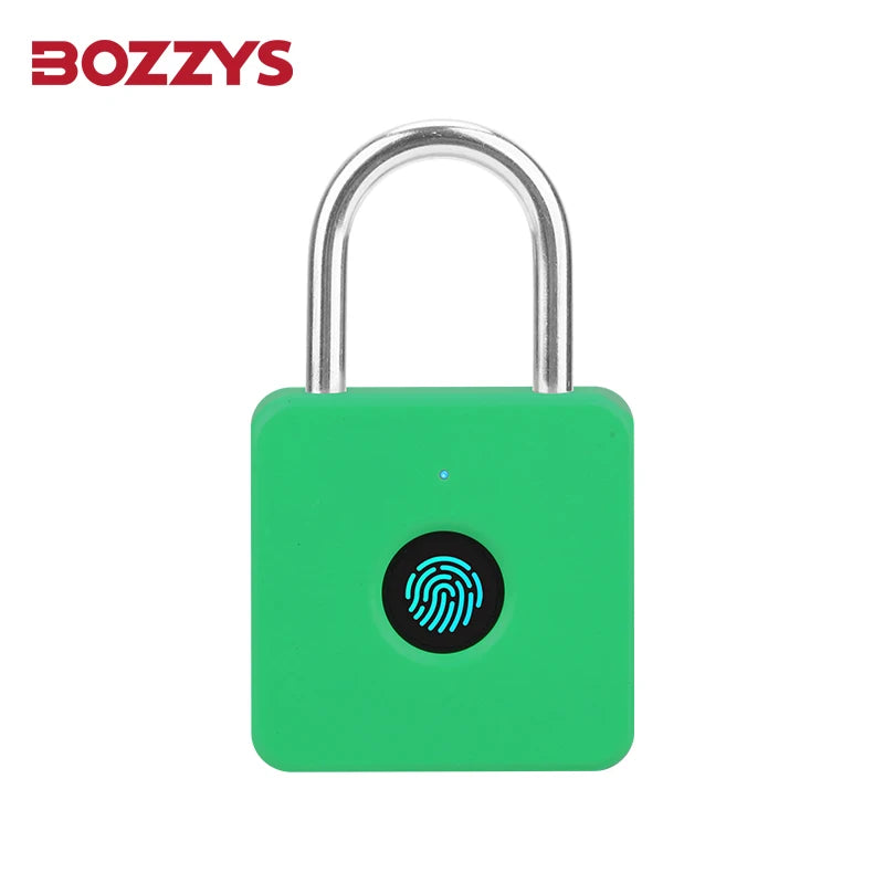 A green fingerprint pad lock with a silver key ring, featuring an embedded fingerprint sensor.
