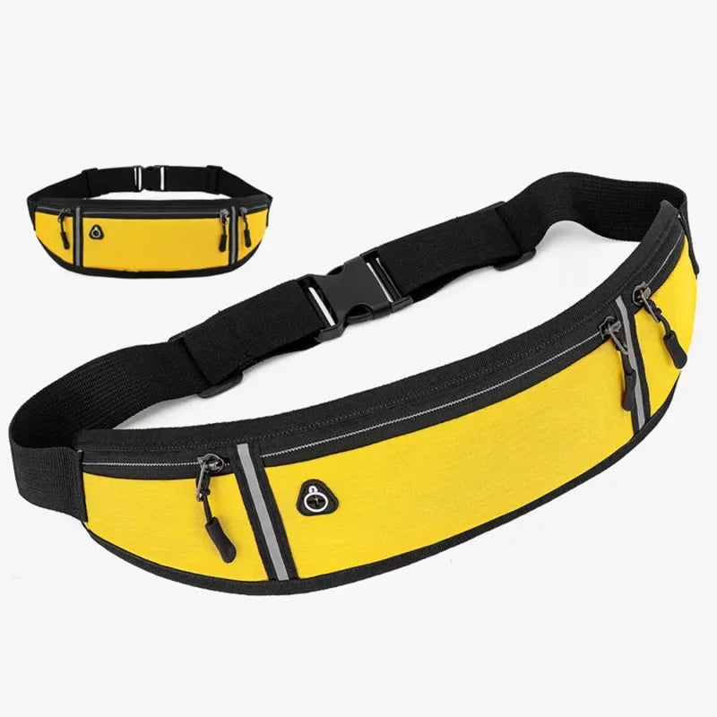 Yellow canvas waist pack with black straps and pockets shown against a white background.