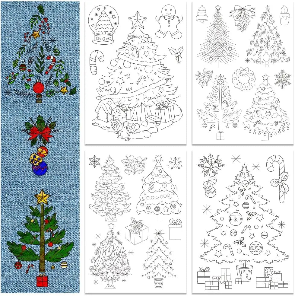 A set of four black and white line drawings featuring various Christmas tree, ornament, and winter holiday designs for embroi