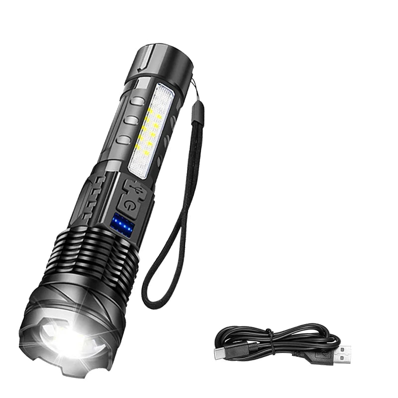 A black high-power rechargeable LED flashlight with a digital display and a coiled cable.