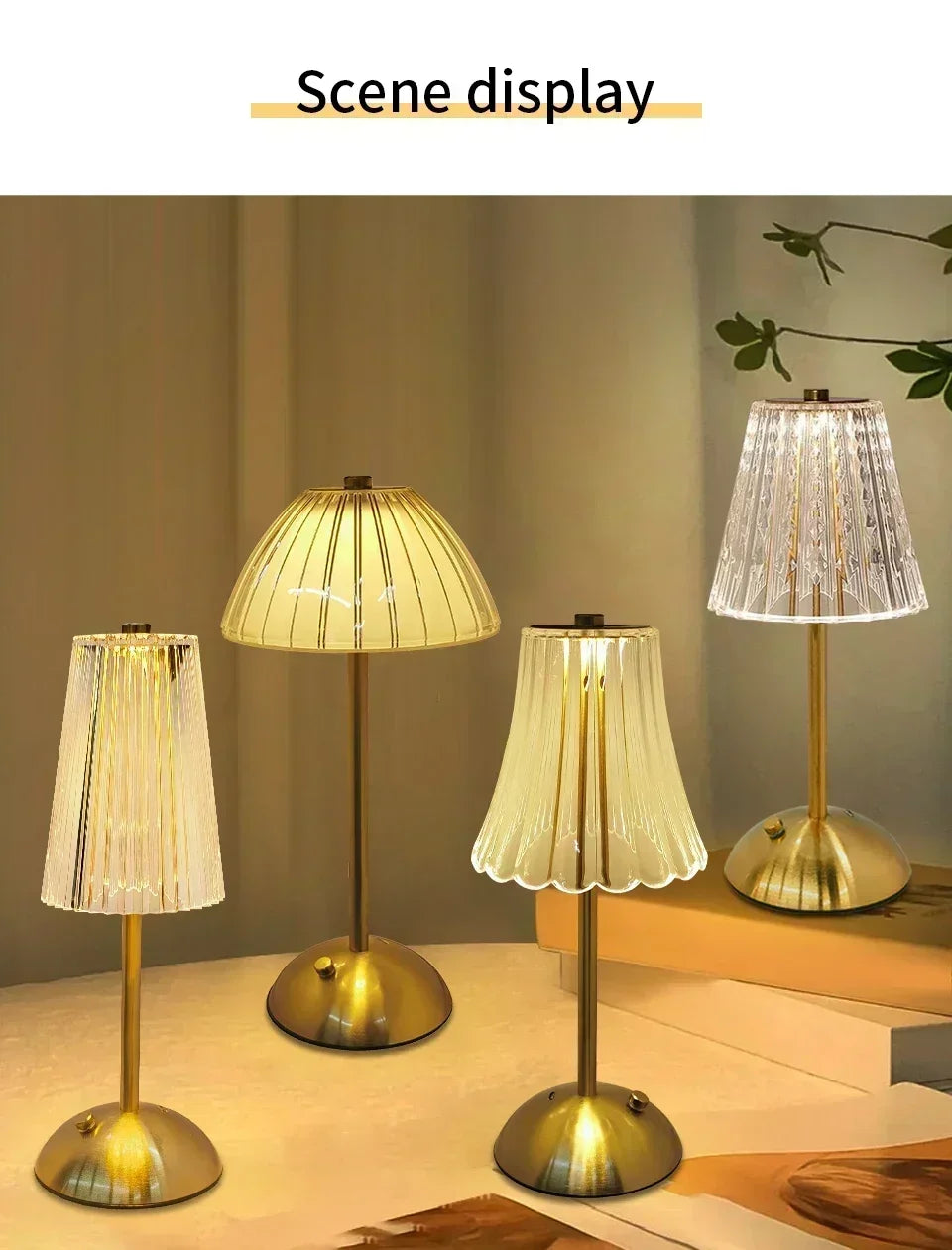 Three modern crystal touch table lamps with gold bases and translucent shades displayed on a light surface.