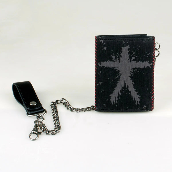 Black triple-fold chain wallet with a cross design on the cover and a silver chain.