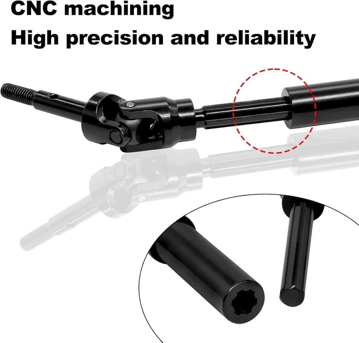 A close-up view of a black CNC machined drive shaft set for RC trucks, highlighting precision and reliability.