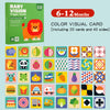 A set of color visual cards for baby stimulation featuring various fruits, vegetables, and objects.
