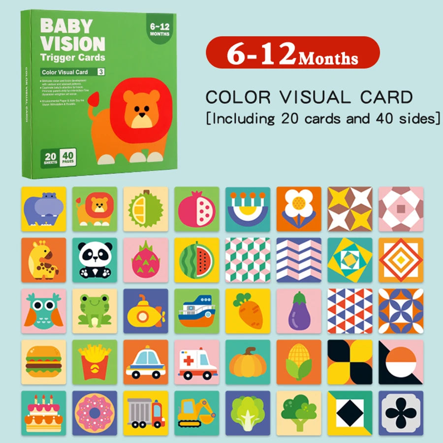 A set of color visual cards for baby stimulation featuring various fruits, vegetables, and objects.