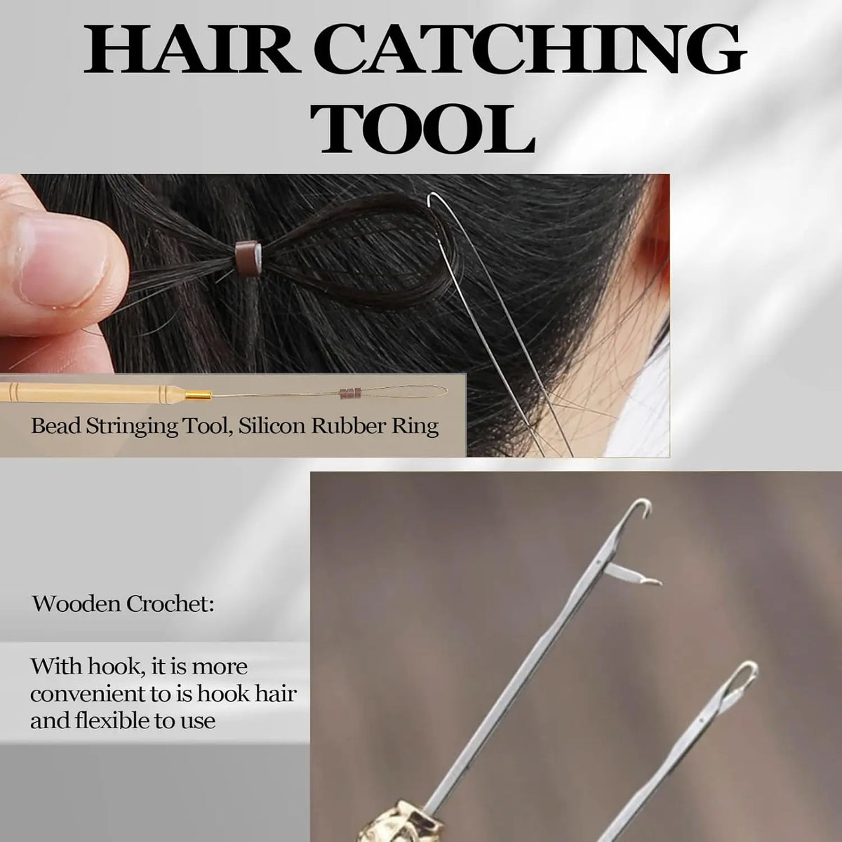 A close-up of a hair catching tool used to attach a bead stringing tool or silicone rubber ring to hair.