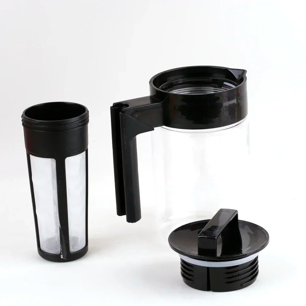 A black cold brew coffee maker with a clear filter and a black lid is shown against a white background.