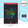 A red 8.5-inch LCD drawing tablet displaying a colorful butterfly design on a black screen.