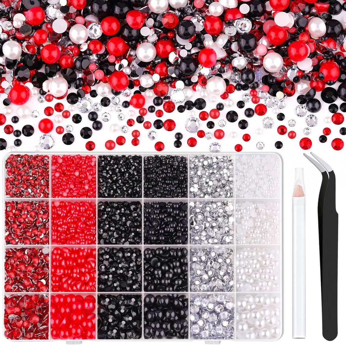 A flatback craft kit featuring various colored pearls and rhinestones with a tweezer and picker tool.