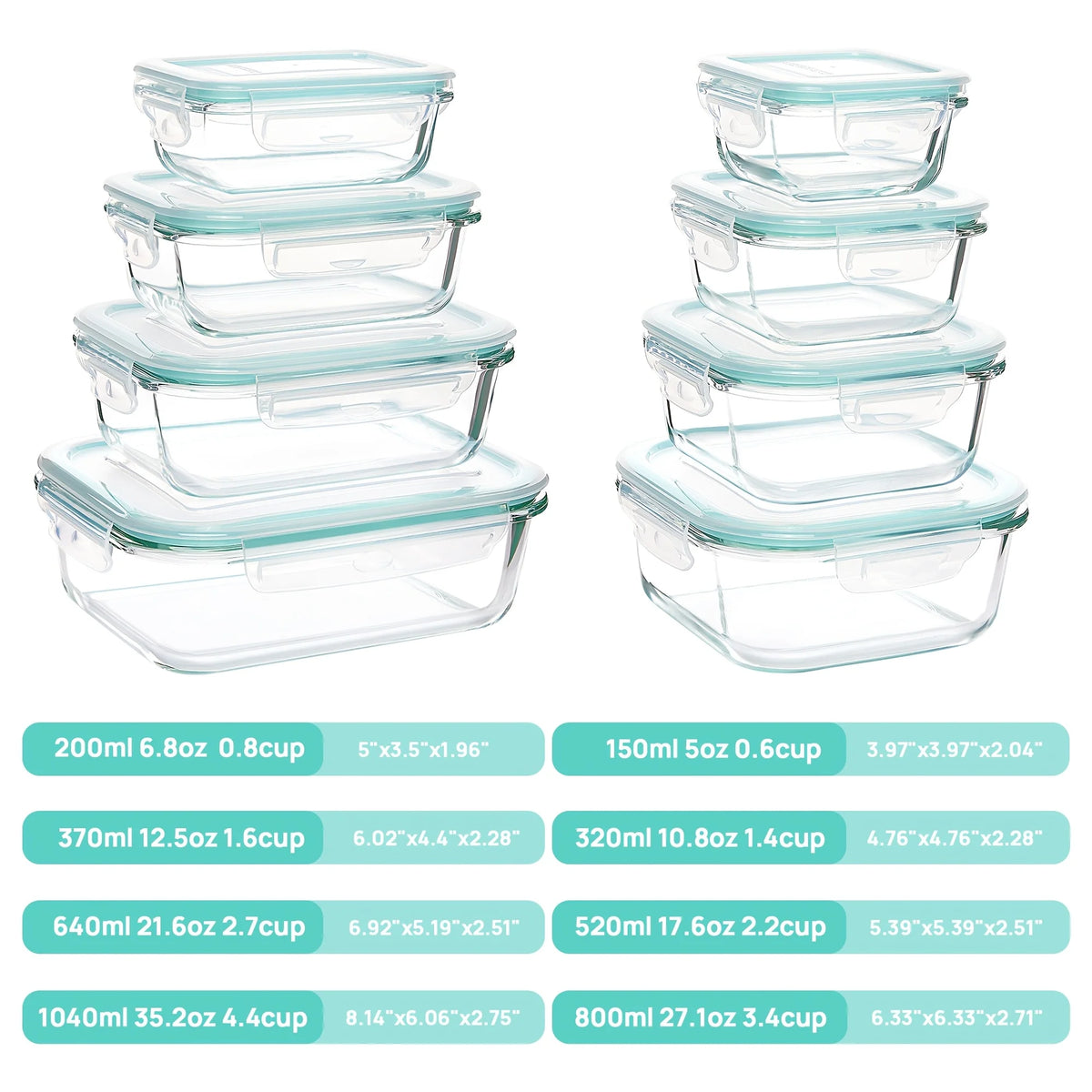 An 8-piece set of clear borosilicate glass food storage containers with leak-proof lids shown in various sizes.