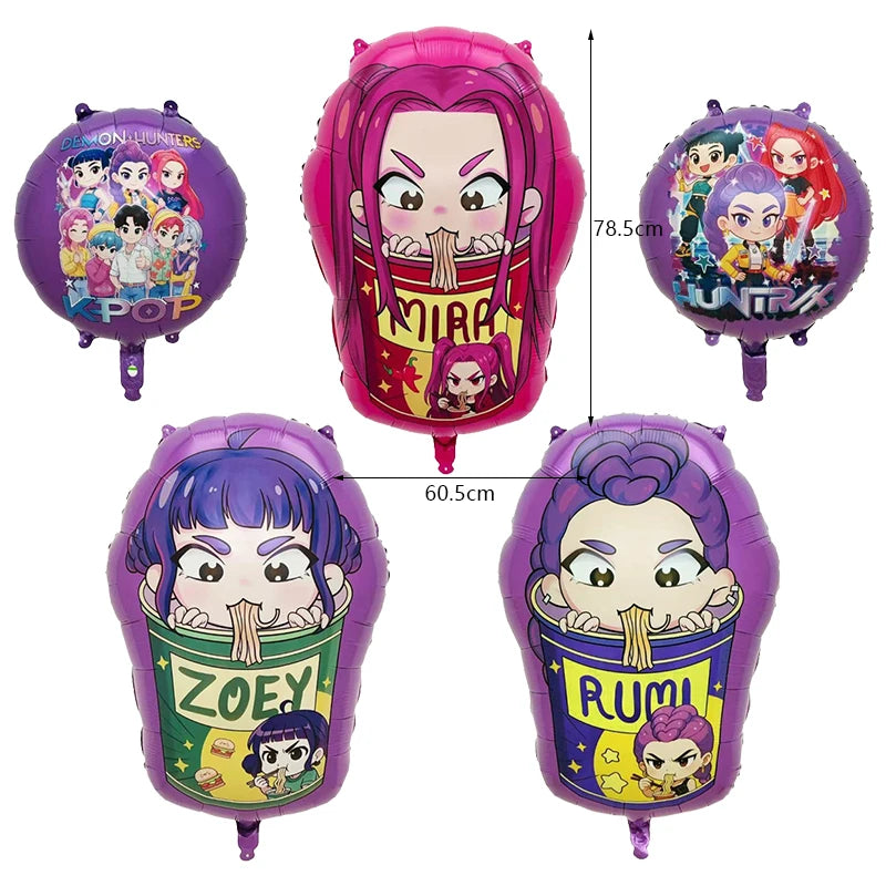 A set of pink and purple balloon decorations featuring characters from the POP Monsters series.