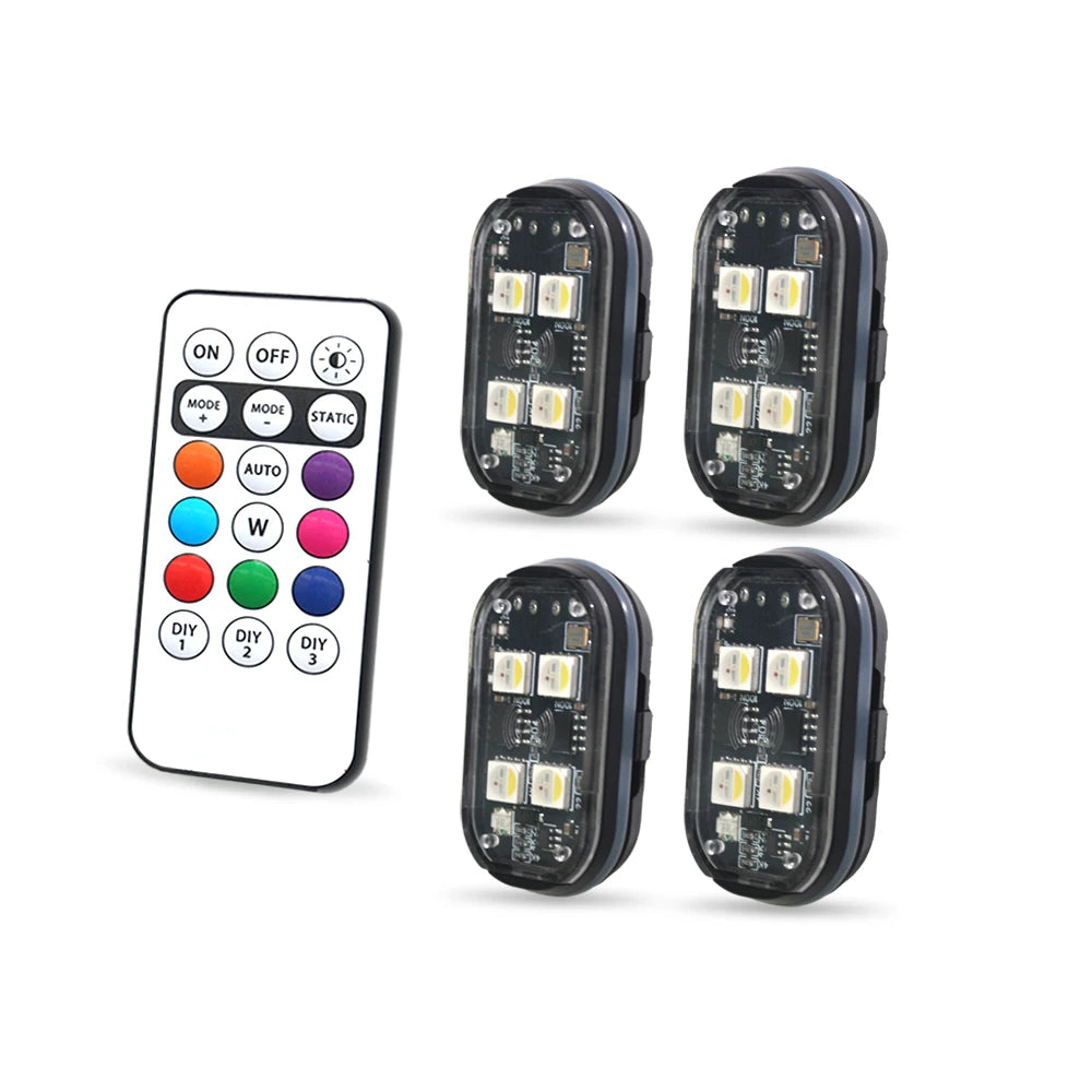 Four black LED light bars for car interior ambient lighting with mode selection buttons