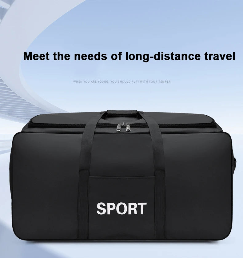 A black heavy-duty waterproof travel duffel bag labeled SPORT shown on a light blue background.