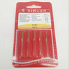 A package of five Singer sewing machine needles in a clear plastic case with a red background.