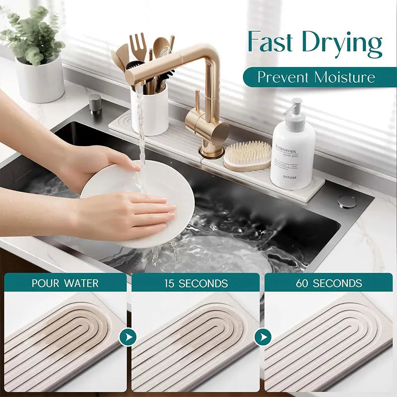 A close-up of a quick-drying diatomite faucet mat being used in a kitchen sink, demonstrating fast drying features.