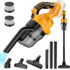 Yellow cordless handheld vacuum cleaner with various attachments and filters