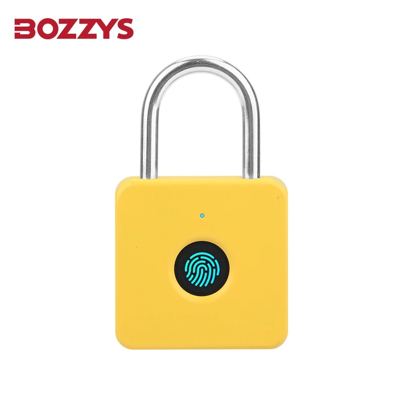 A yellow fingerprint pad lock with a silver key ring, used for touch-to-unlock security.