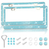 A crystal rhinestone license plate frame with screw caps shown with various mounting hardware and decorative stones.