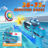 A blue automatic water gun is shown firing a stream into a target at a shooting range.