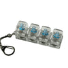 A set of clear LED mechanical keychain fidget toys with blue keycaps attached to a metal keyring.