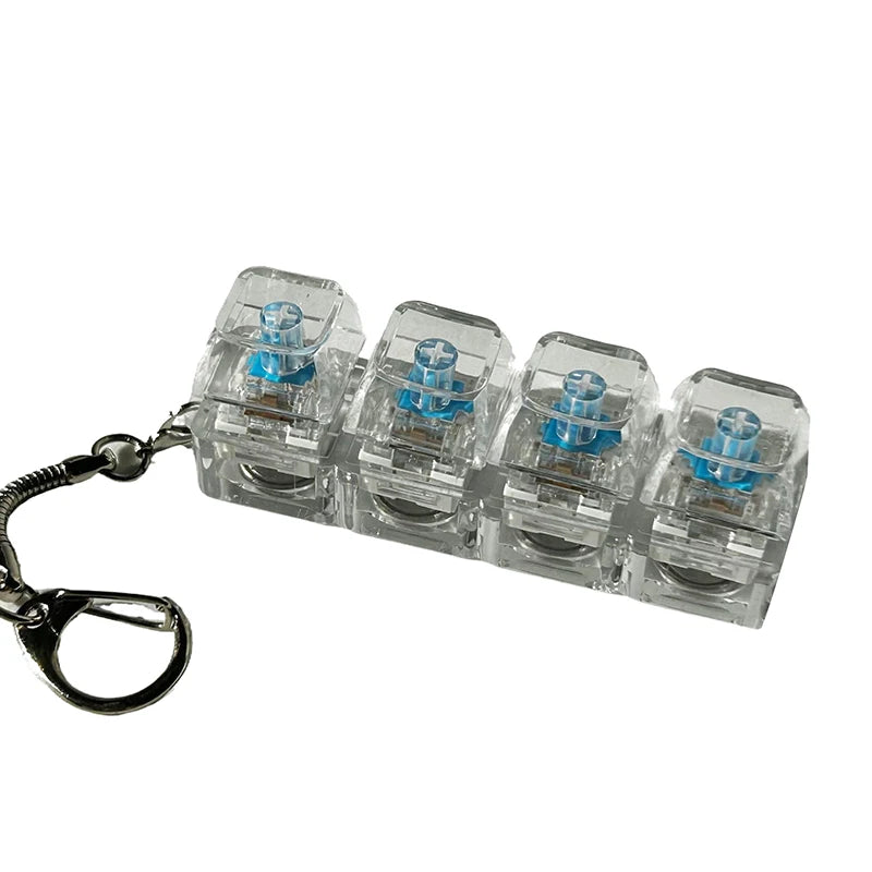 A set of clear LED mechanical keychain fidget toys with blue keycaps attached to a metal keyring.
