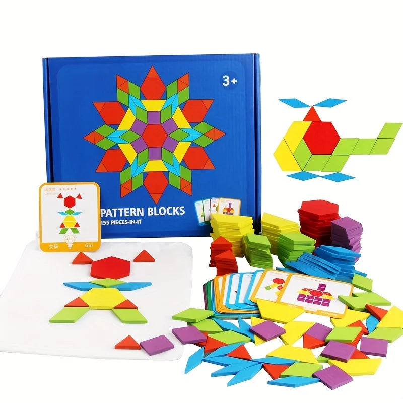A box of 155-piece wooden jigsaw puzzle set with colorful interlocking pieces and a wooden puzzle board.