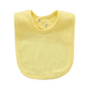 A yellow soft cotton baby bib with a rounded shape and a small button closure.