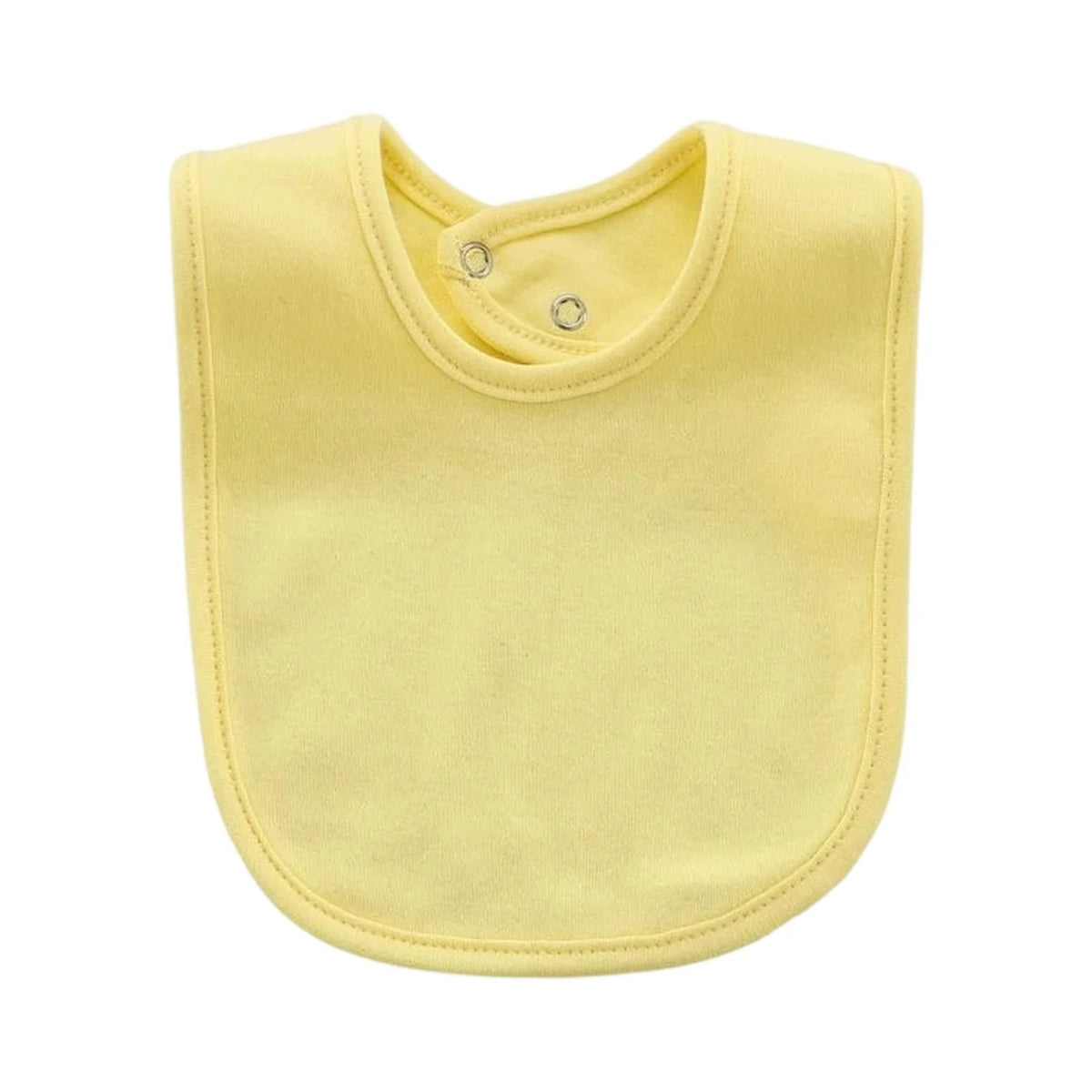 A yellow soft cotton baby bib with a rounded shape and a small button closure.