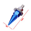 A silver and blue license plate screw kit with a pointed tip shown against a white background.