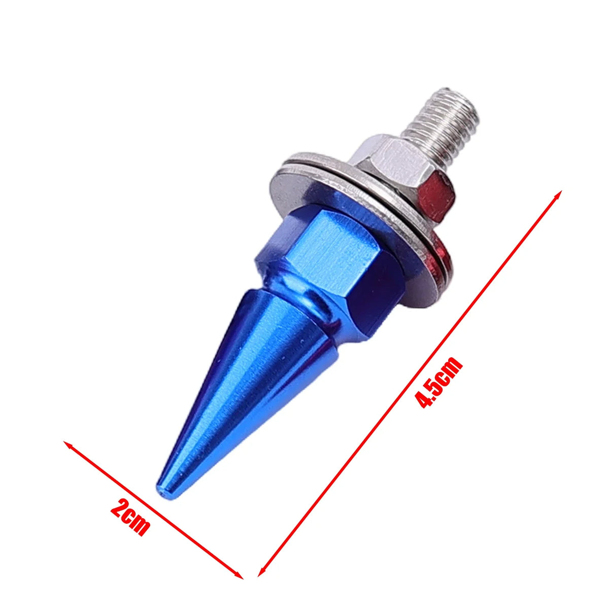 A silver and blue license plate screw kit with a pointed tip shown against a white background.