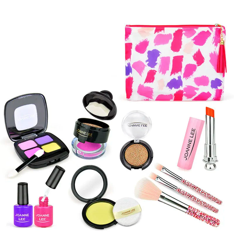A makeup set for kids featuring various colored lip and face paints, brushes, and compacts.