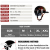 A black motorcycle helmet is shown with various parameters, a size chart, and a measuring method diagram.