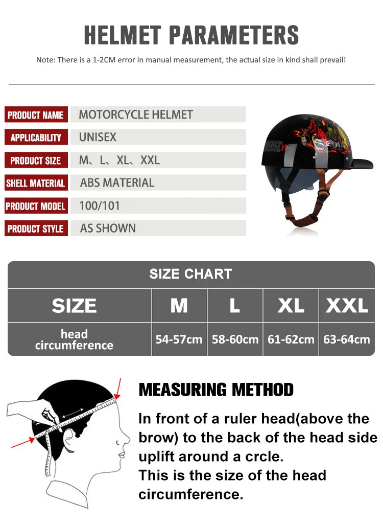 A black motorcycle helmet is shown with various parameters, a size chart, and a measuring method diagram.