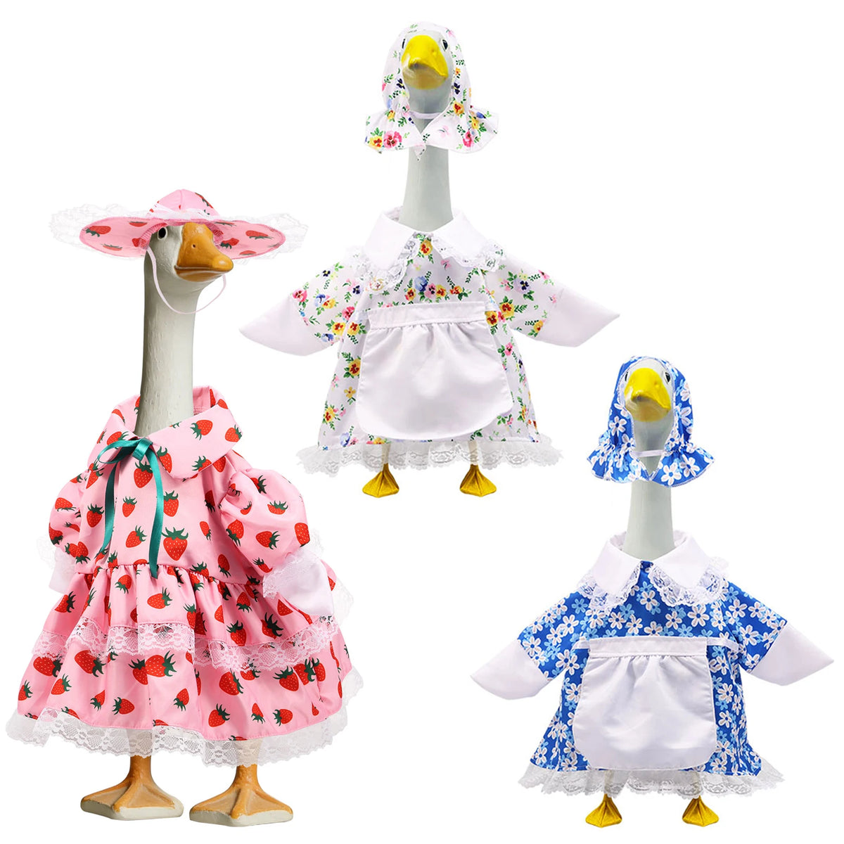 A set of a pink strawberry-themed goose costume featuring a dress and a matching bonnet.