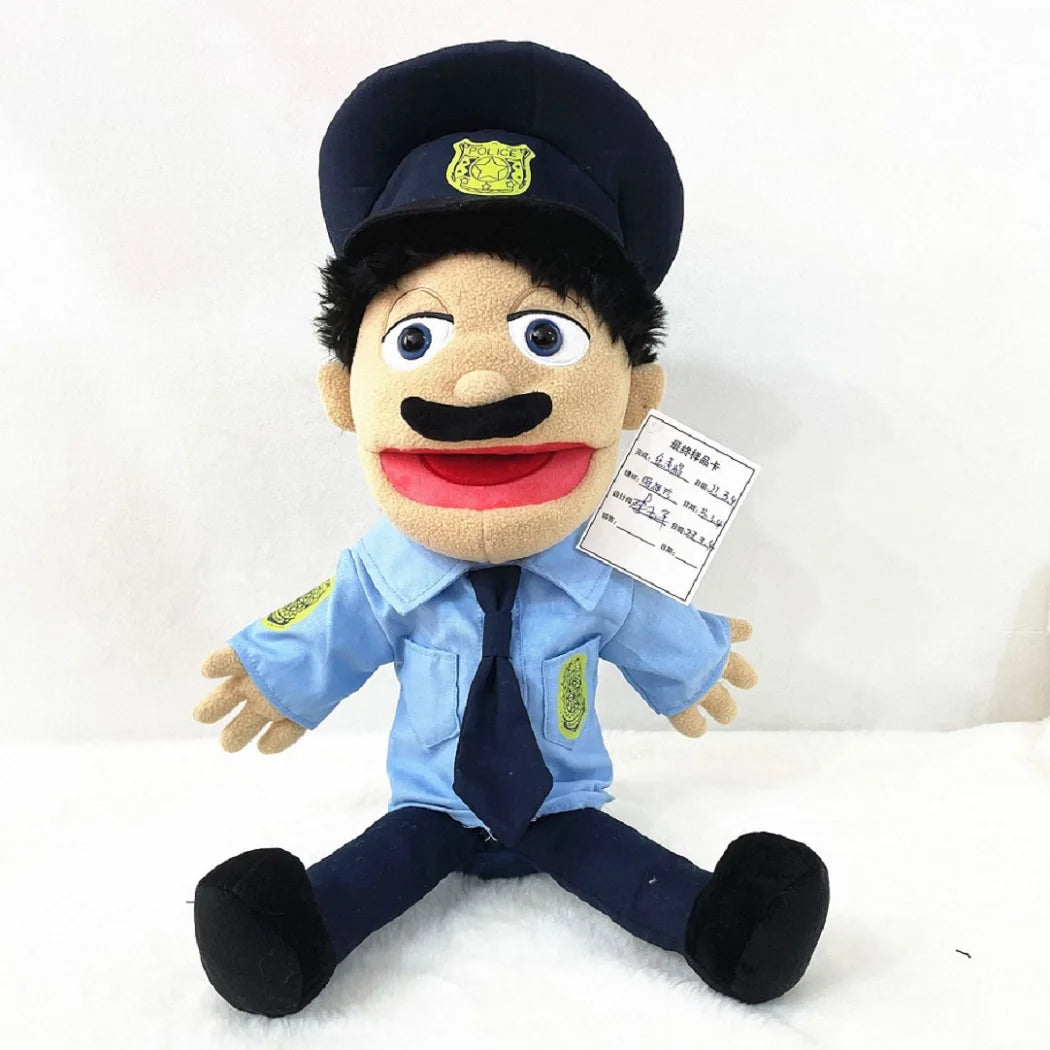 A plush toy of Jeffy, a puppet character with black hair and a blue shirt, is shown standing.