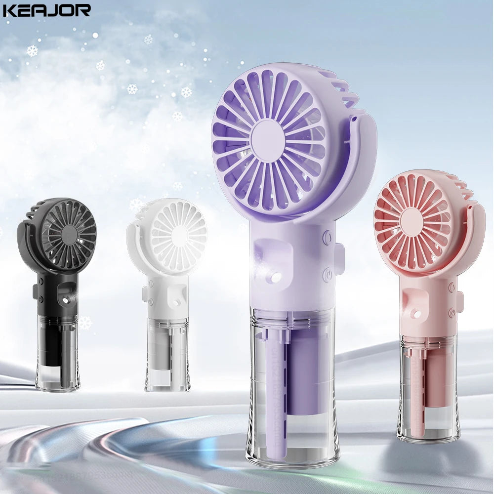 A collection of portable water mist fans in purple, white, and pink colors displayed on a reflective surface.