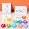 A set of colorful arithmetic block cards showing addition and subtraction problems like 8-5=3 and 7-2=5.