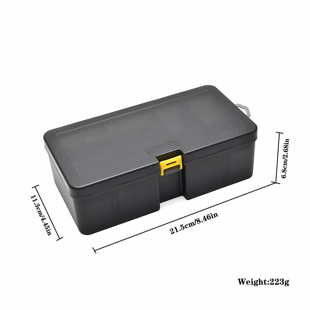 Dunkelgrabe, robuste Angelbox aus Draufsicht mit Maßen und Gewicht