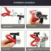 Installation procedure showing how to insert a nozzle tip and end seal onto a spray gun.