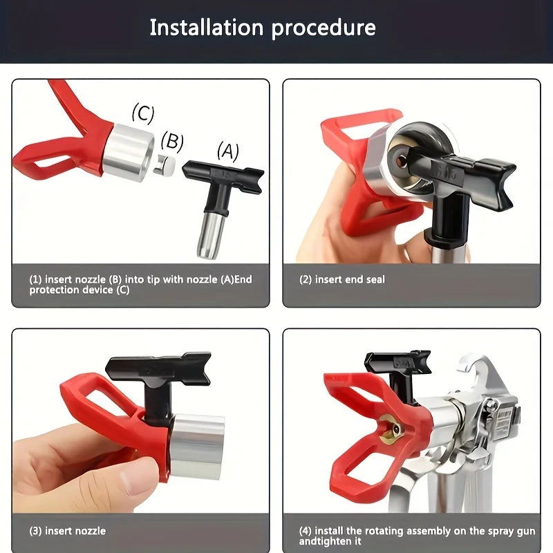 Installation procedure showing how to insert a nozzle tip and end seal onto a spray gun.