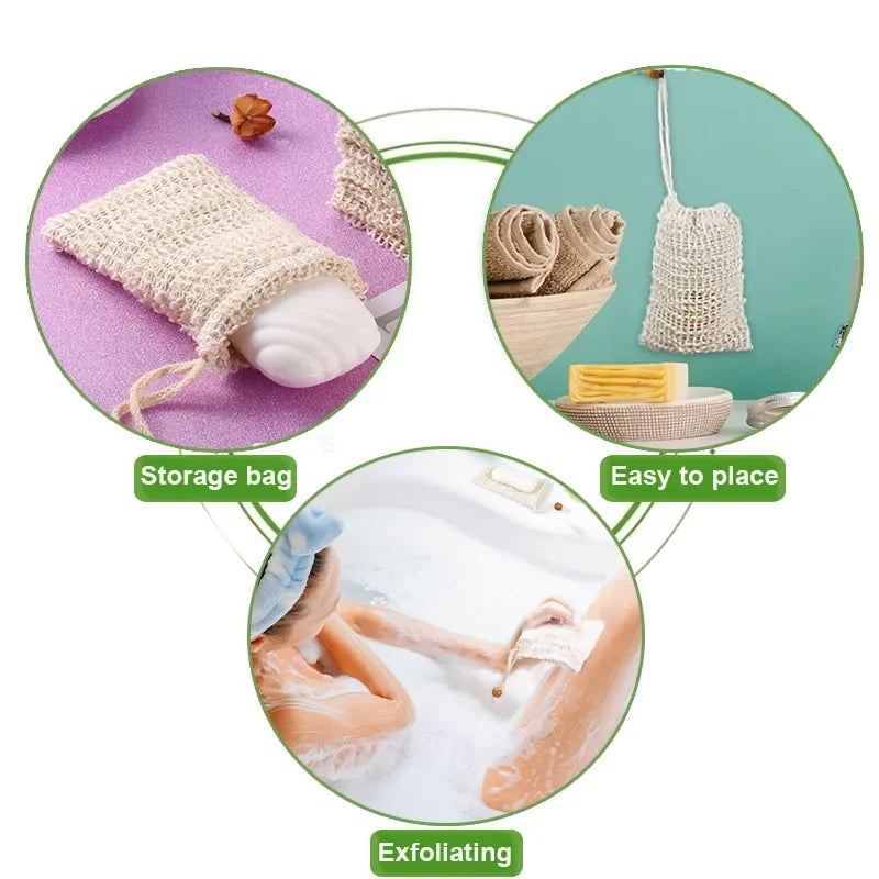 A natural sisal soap saver bag with an exfoliating mesh is shown in various contexts including storage and use in the bath.