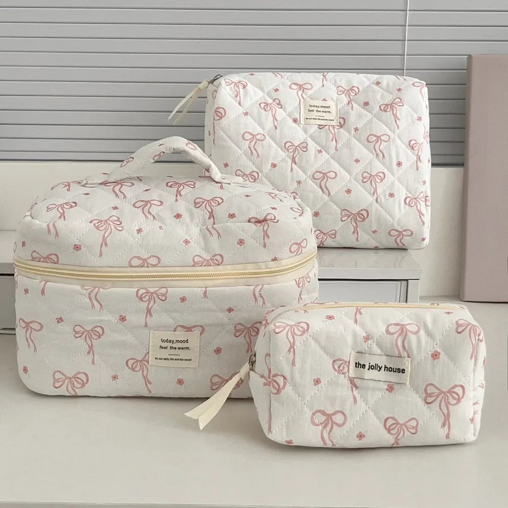 Pink Bow Plaid Quilted Cosmetic Bag with Multiple Compartments