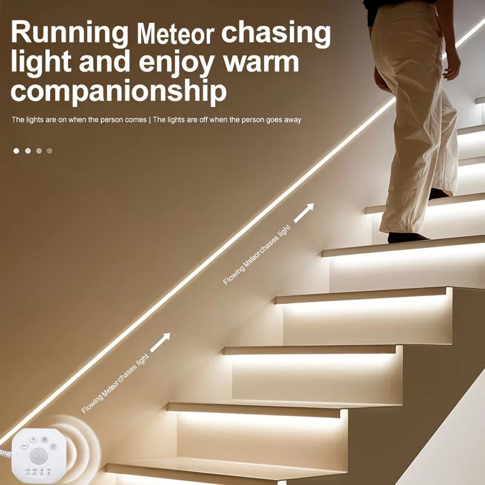 LED light strips with a running meteor chasing effect installed on a modern staircase.