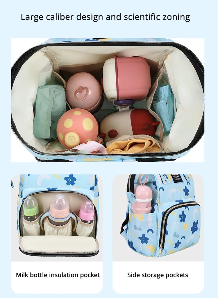 A blue diaper bag backpack showing milk bottle insulation pockets and side storage pockets.